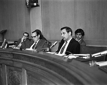 Senator Walter Mondale speaks at a 1975 hearing of the Subcommittee on Children and Youth; a framework for the first Federal legislation in adoption emerged from these hearings. (Minnesota Historical Society)